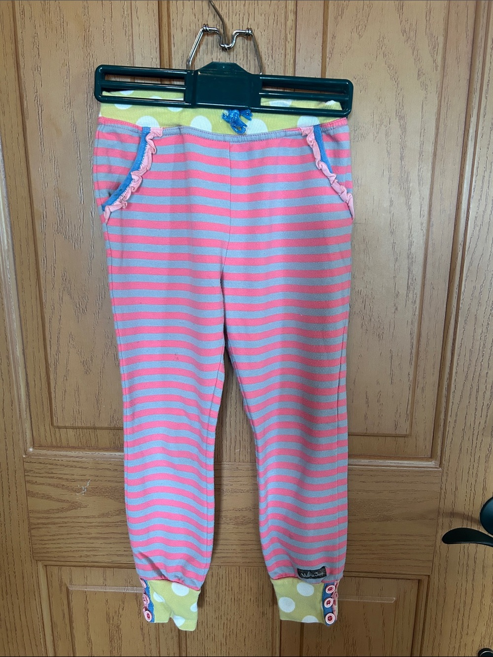 Matilda Jane Pink and Gray Striped Jogger Pants with Yellow Polka-Dot Trim